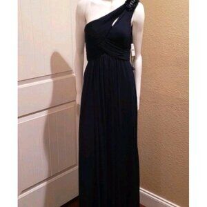 XSCAPE Dress Womens 6 Navy‎ Blue Maxi One Shoulder Chiffon Formal Gown Beaded